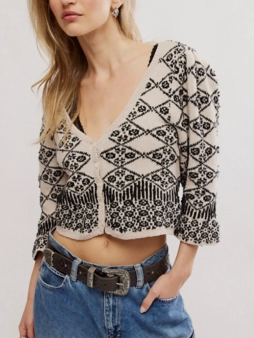 FREE PEOPLE GEO FLORAL KNIT CARDIGAN BLACK CREAM CROPPED BOHO **NWT** - Picture 5 of 15